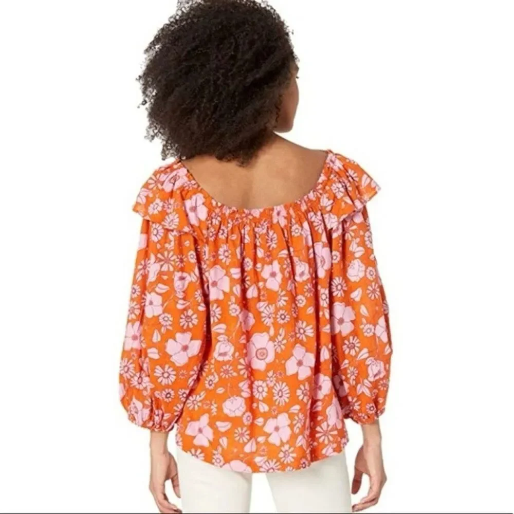Free People Miss Daisy Heat Wave Combo Top Orange Pink Floral Sz S Ruffle Should